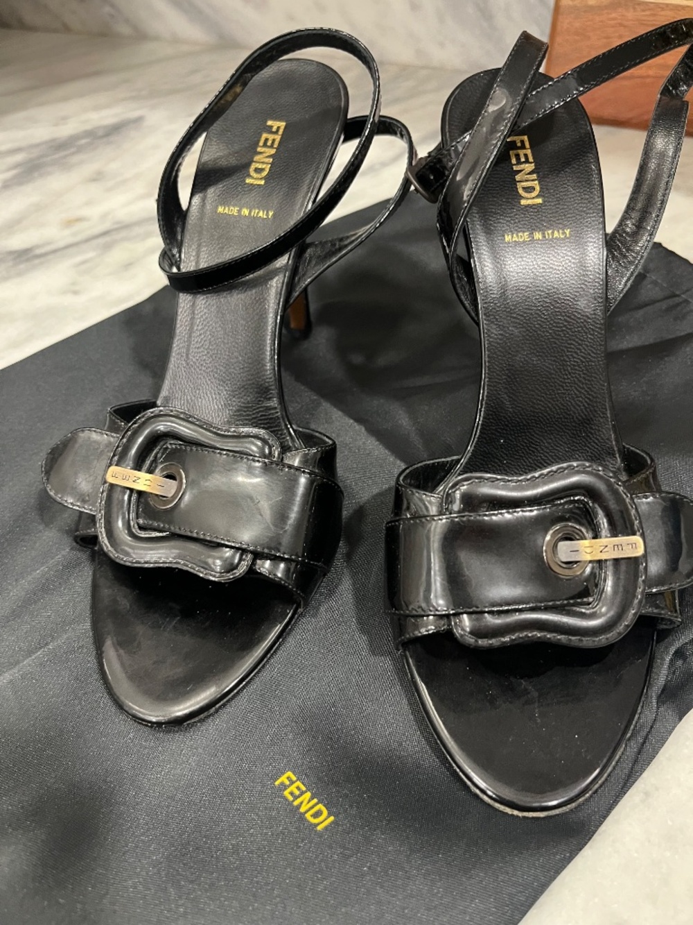 Fendi Black Patent Leather Slingback Heels
